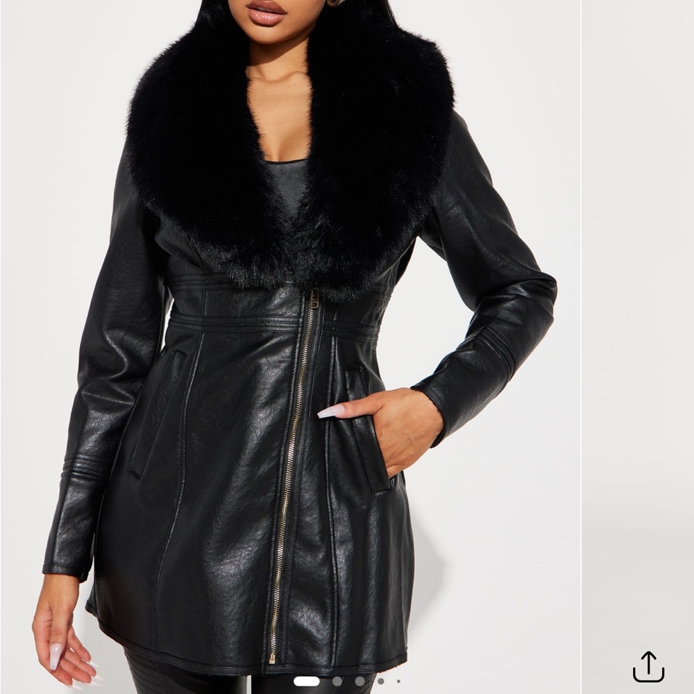 Fashion Nova Black Leather Jacket with Faux Fur Collar